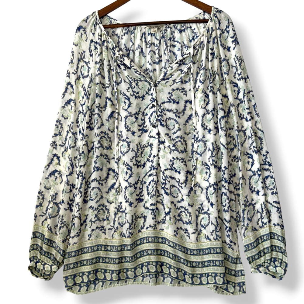 Lucky Brand Peasant Top L White Blue Floral Tie Neck‎ Festival Ethereal Cottage